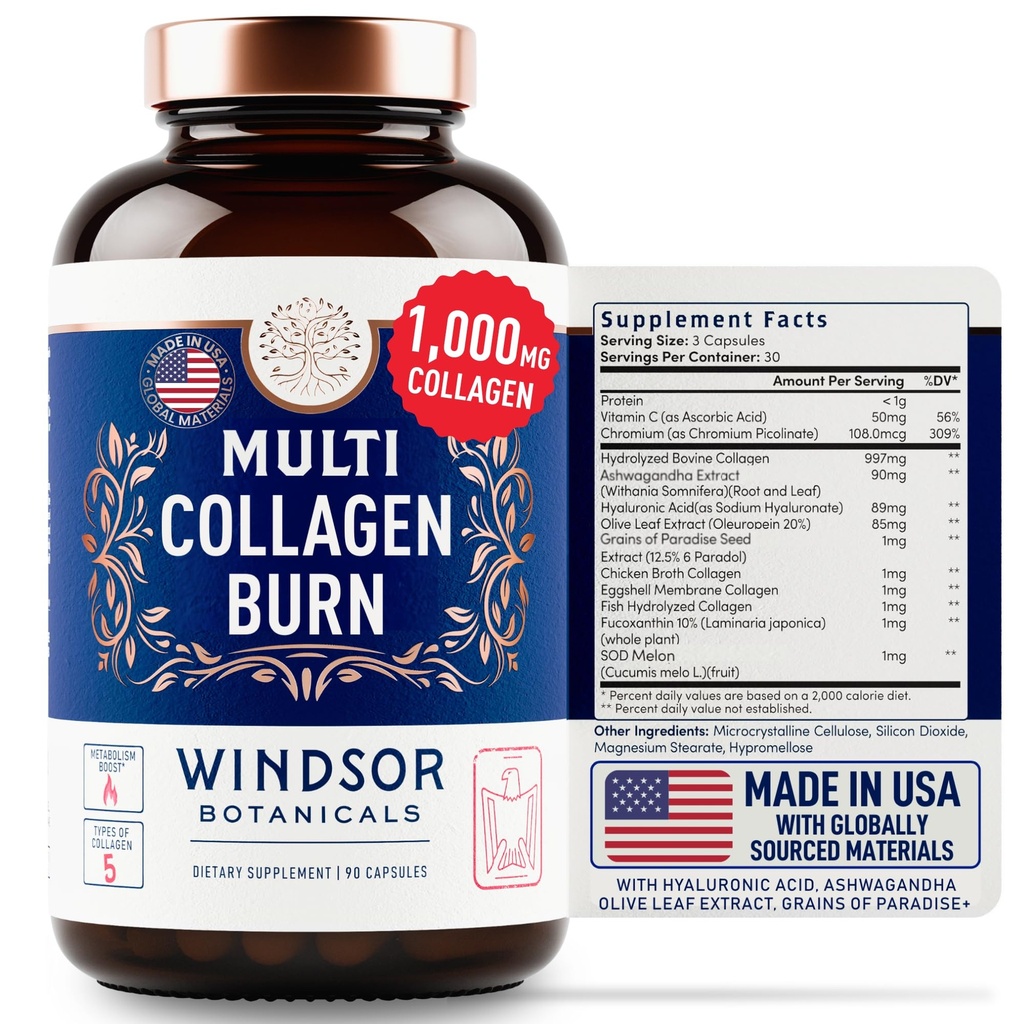 Thermogenic Multi Collageen Burn Capsules - Gehydrolyseerde Multi Collageen Complex Types I, II, III, V, X, Marine Collageen, Hyaluronic Acid - Beauty and Anti-Aging Supplement for Women and Men - 90 Pillen