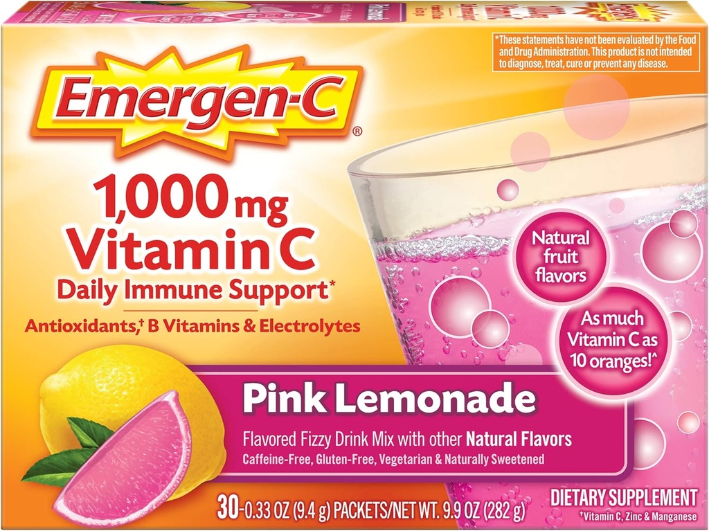 Emergen-C 1000mg Vitamine C Poeder, met Antioxidanten, B Vitaminen en Elektrolyten, Immuniteit Supplementen voor Immune Ondersteuning, Cafeïne Gratis Fizzy Drink Mix, Pink Lemonade Flavor - 30 Tellen (pakket van 12)
