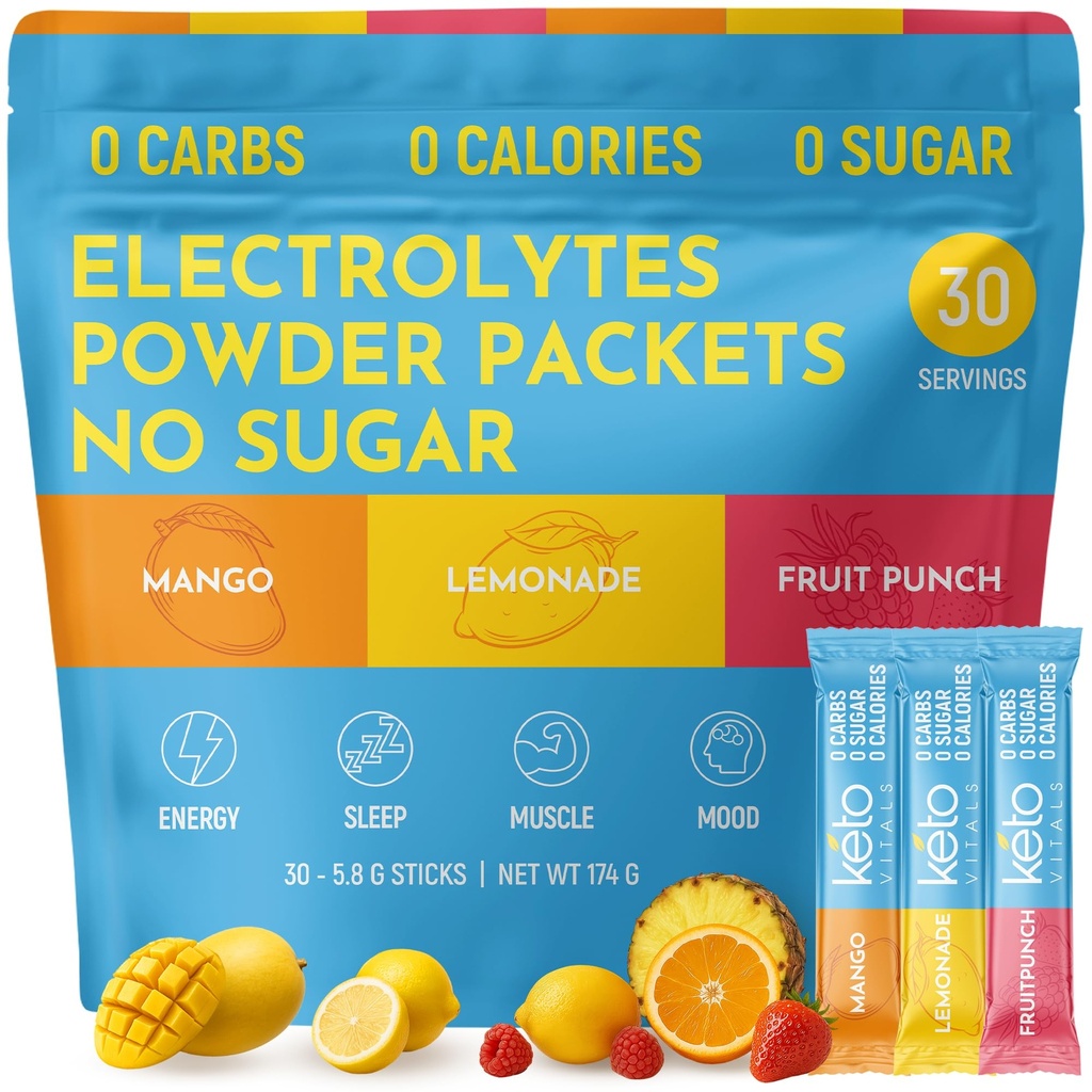 Keto Vitals Powder Packets Original Electrolytes Kits Kéto Friendly Electrolyte Packs hydratant Le sucre Sans Electrolytes Le mélange de boisson énergétique de Zero Calorie Zero Carb (Original Assortiment, 30 Compte)