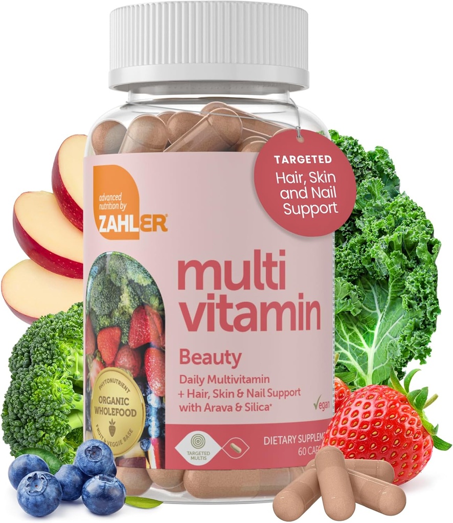 Zahler Multivitamine Schoonheid, Dagelijkse Multivitamine + Huid Haar en Nagels Ondersteuning, voor vrouwen en mannen met ijzer, gecertificeerde Kosher, 60 capsules