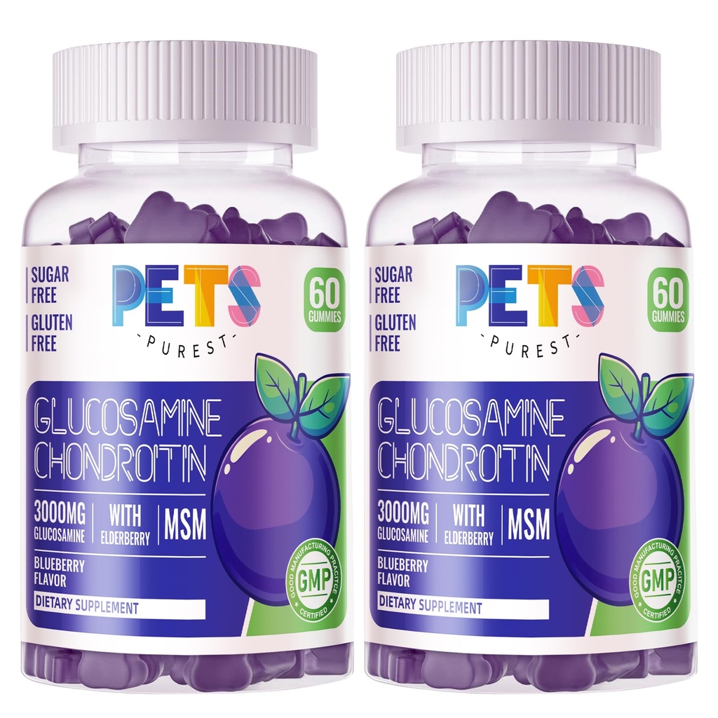 Huisdieren Zuiverste Glucosamine Chondroitin Gummies met MSM & Vlierbes Extra sterkte - Gezamenlijke ondersteuning, Antioxidant Immune Ondersteuning Supplement voor volwassenen, mannen en vrouwen.(2 Pack) Bosbessen