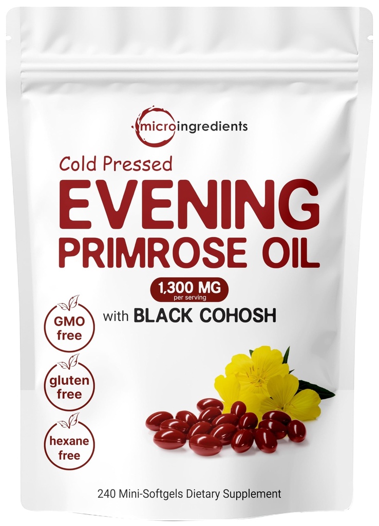 Micro ingrédients Huile de Primrose pour le soir 1300mg par portion, 240 Softgels Enhanced with 40mg Extrait de Cohosh noir, pressé à froid – 10% GLA actif, non-OGM, sans gluten, facile à avaler