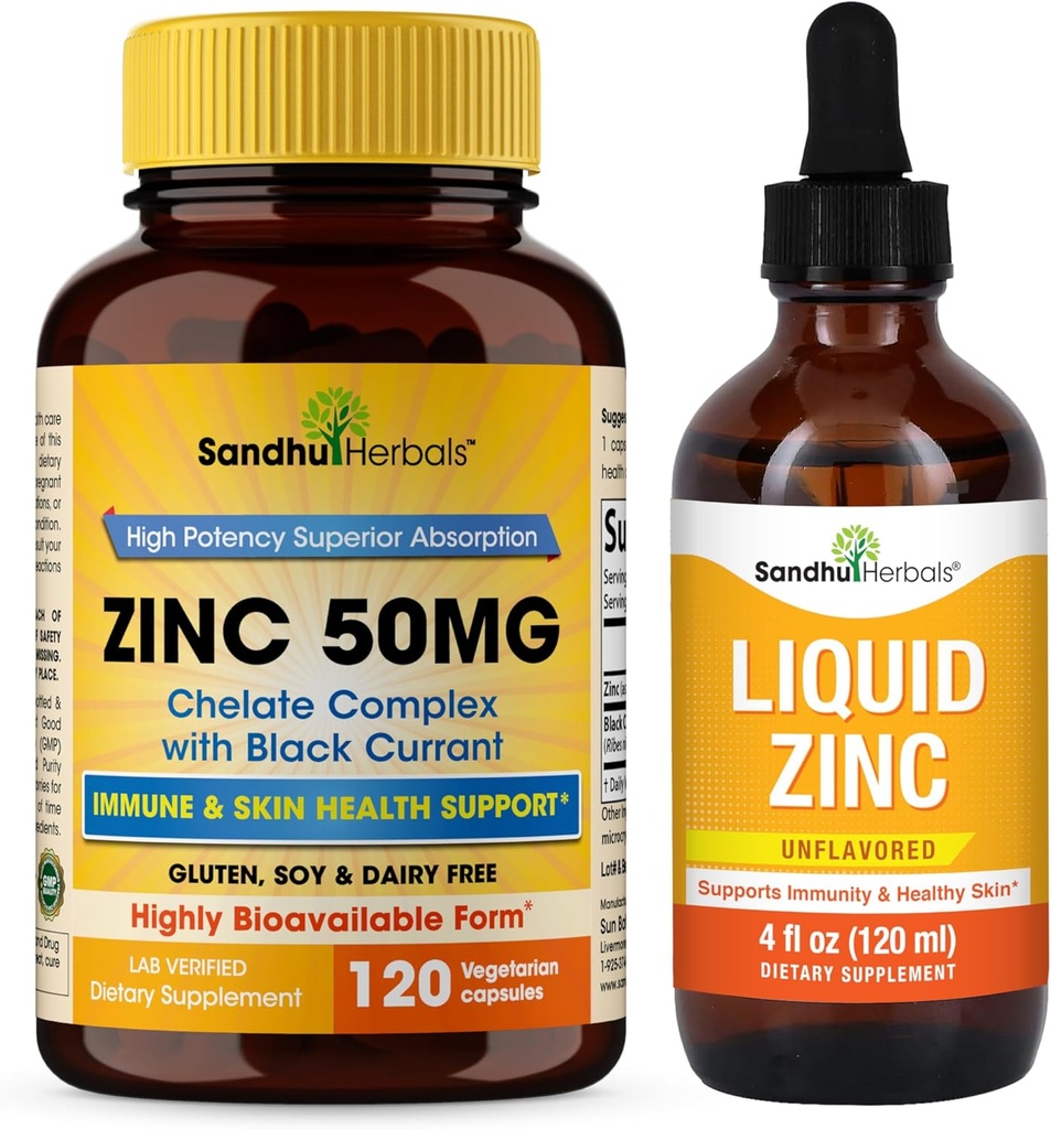 SANDHUHERBALS Zink 50mg Capsules Bundel met vloeibare zinkdruppels Ondersteunt Immune & Skin Health
