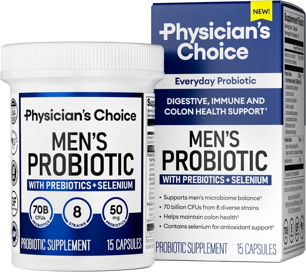 Artsenkeuze Probiotica voor mannen - 70 miljard CFU - 8 strains - Selenium & Prebiotica - Ondersteuning Digestieve Gezondheid, Microbioom, Colon, & Immune Health - Advanced Men's Probiotic - 15ct Sample Size