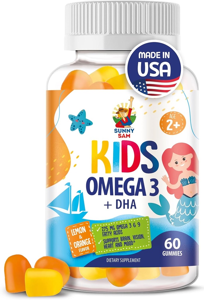 Omega 3 Gummies pour les enfants et les adultes - 60 Gummies à croquer - Pas d'huile de poisson Omega végétalien 3 6 9 Supplément Gummy DHA