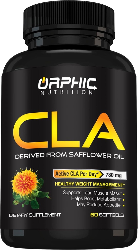 ORPHIC NUTRITION CLA Saffloer Oil Supplement - Made with Saffloer Oil - 780mg Non-Sticulant Conjugated Linoleic Acid for Men & Women* to Support Weight Loss Inforts and Metabolisme* - 60 Softgels