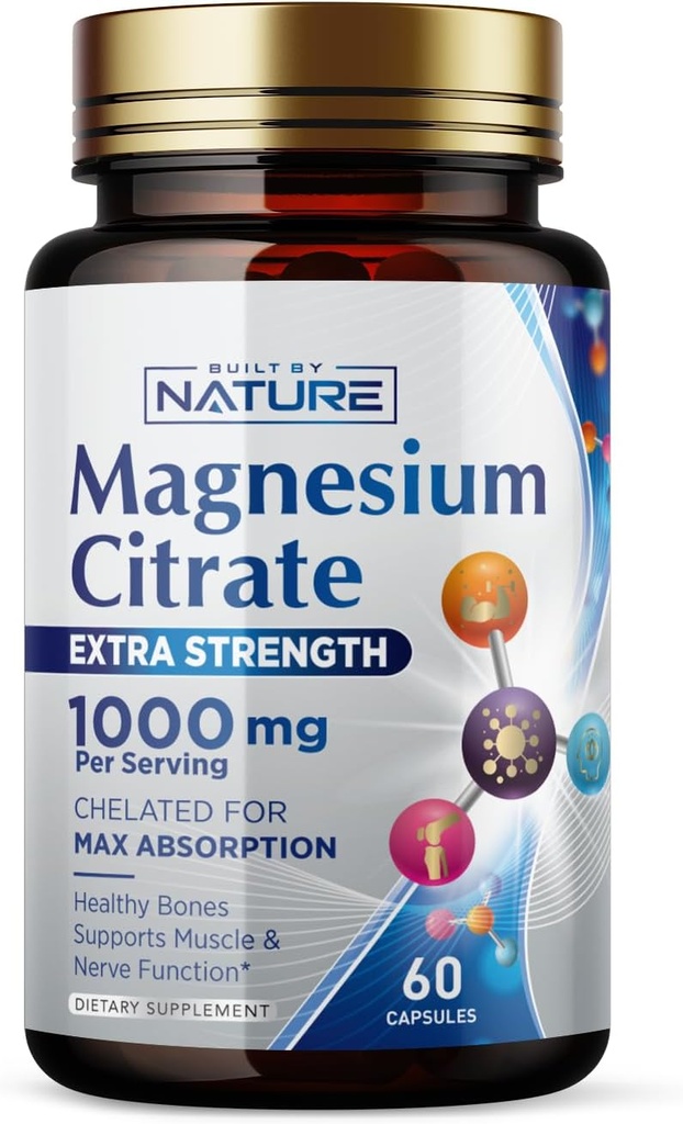 Magnesium citraat 1000mg - Max Absorptie & High Potency Magnesium Complex Supplement voor hart-, spier-, zenuw-, botgezondheids- en stressbestrijding - Non-GMO, Glutenvrij - 60 Vegan Capsules