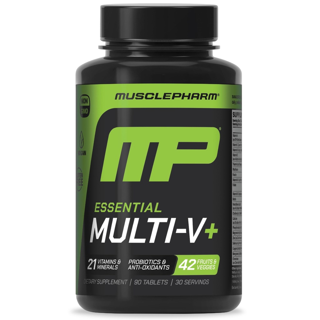 Muscle Pharm Essentials Multi-V+, Multi-Vitamine van de atleet, Verbeterde Energie, Performance & Immune Health, Dagelijks Multivitamine voor mannen & vrouwen met mineralen Plus Probiotica, 90 tabletten, 30 porties