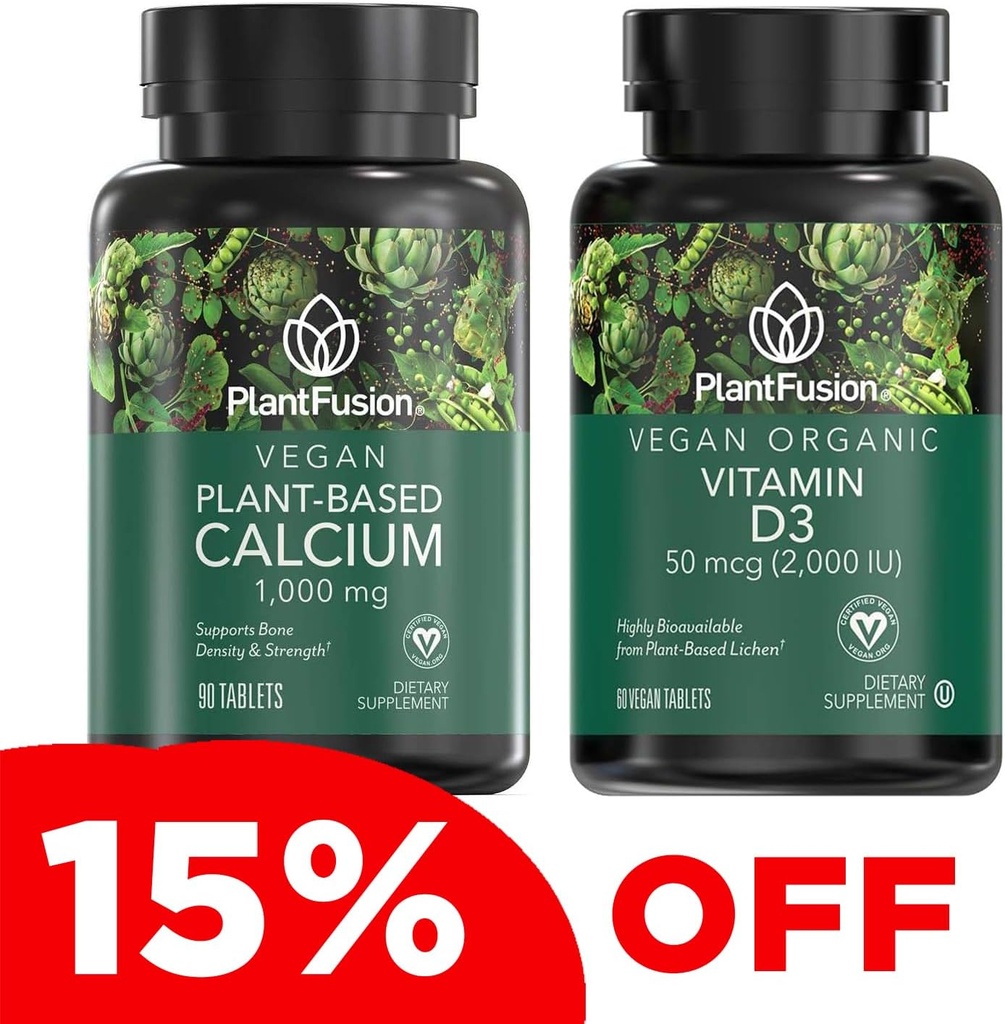 PlantFusion Vegan Calcium & D3 Bundle - Premium Plant Based Calcium 1000mg en D3 2000IE-supplementen voor botgroei, dichtheid en sterkte en immuunondersteuning