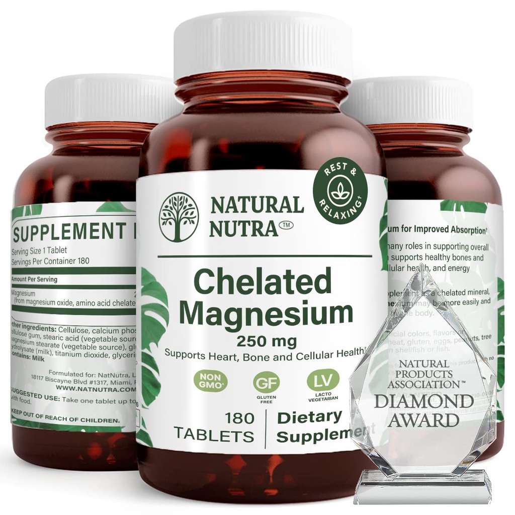 Oxyde de magnésium chélaté naturel Nutra 250 mg - Absorption élevée pour les os forts, la santé cardiaque, la santé dentaire, la stimulation énergétique, sans gluten, non-OGM, 180 comprimés dans des bouteilles de verre recyclables sans BPA