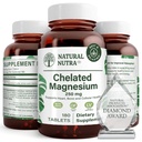Natural Nutra chelated Magnesium Oxide 250 mg - Hoge absorptie voor sterke botten, hartgezondheid, tandheelkundige gezondheid, energieboost, Glutenvrije, niet-GMO, 180 tabletten in BPA-vrije recyclebare glazen flessen
