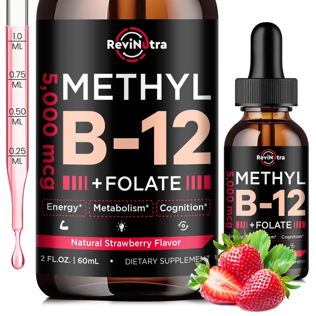 Vitamine B12 gouttes liquides, B12 vitamines 5000 mcg, supplément complexe de vitamine B avec méthylcobalamine B12 Sublingual, Vitamine B6, Folate pour l'énergie, Cerveau, Santé cardiaque, Fraise végétalienne Flavor 2 Fl Oz