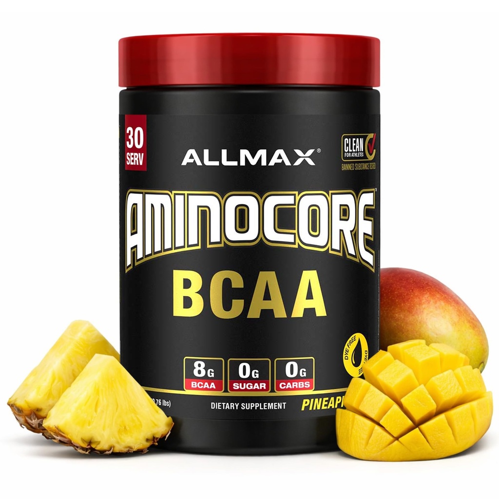 ALLMAX Nutrition AMINOCORE BCAA Powder, 8,18 Gram van Aminozuren, Intra en Post Workout Herstel Drank, Glutenvrij, Ananas Mango, 315 g
