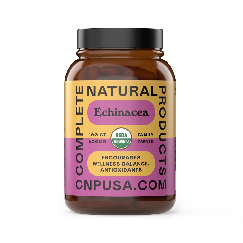 Produits naturels complets Capsules d'échinacée biologique 600mg, 100ct, à base de plantes, système immunitaire et soutien sanitaire saisonnier