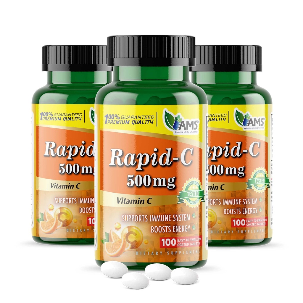 America Medic & Science Rapid-C 500mg Vitamine C-supplement (3 Pack of 100 Tablets) Energy Booster, Daily Immuun System Support, Antioxidant 