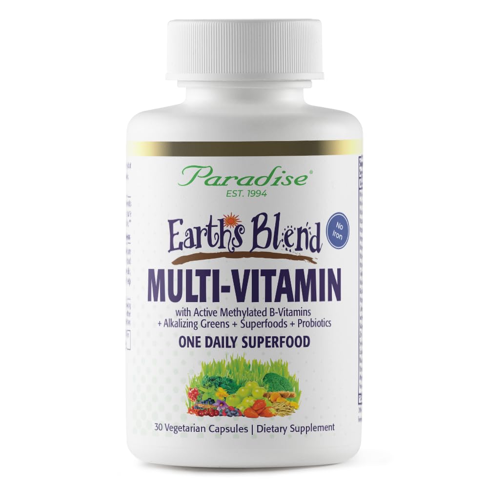 Paradise Herbs Earth's Blend Once Daily Multivitamine for Men, No Iron, 48 Biologische Superfoods, Probiotica, Antioxidanten, Vitaminen A, B12, C, D, K2, 30 Tellen