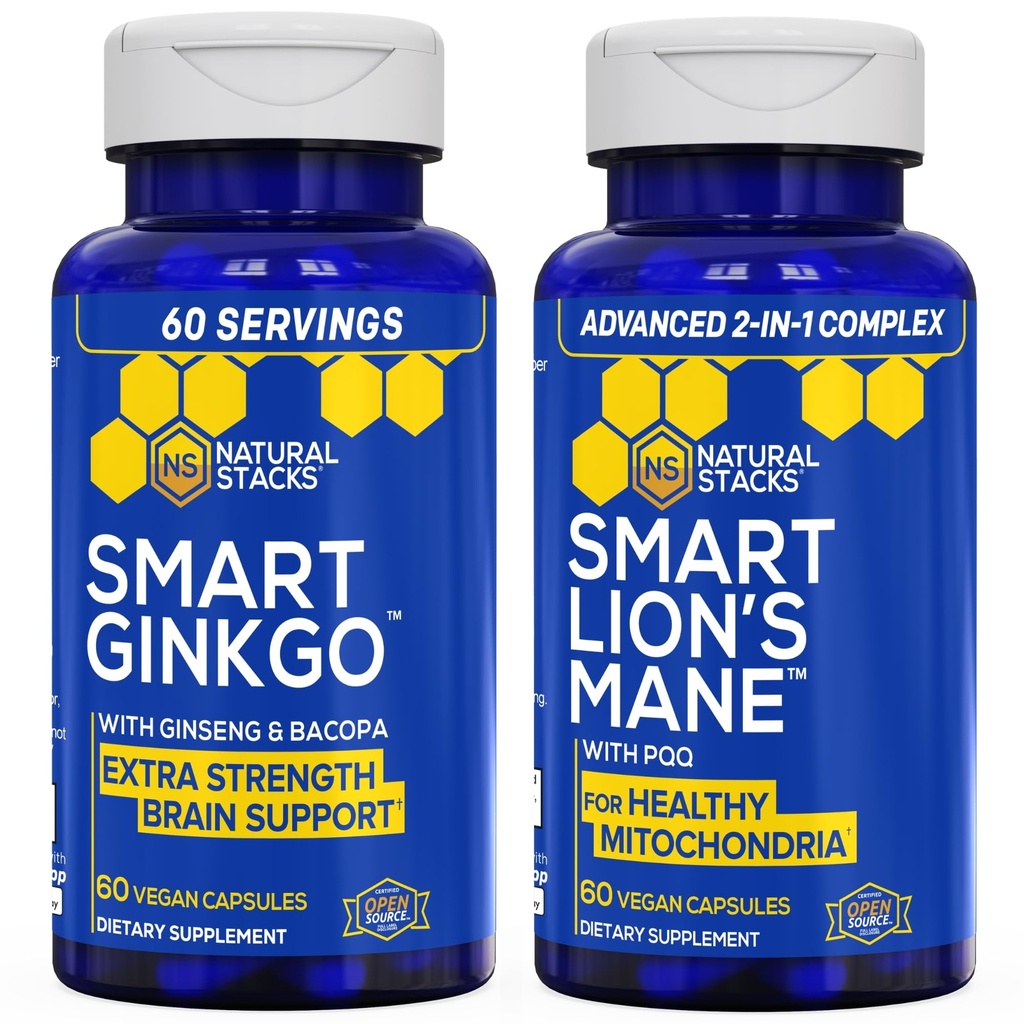 STACKS NATURELS Ginkgo Biloba + Lions Mane Mushroom Bundle - Focus & Memory Support* - 120 Capsules