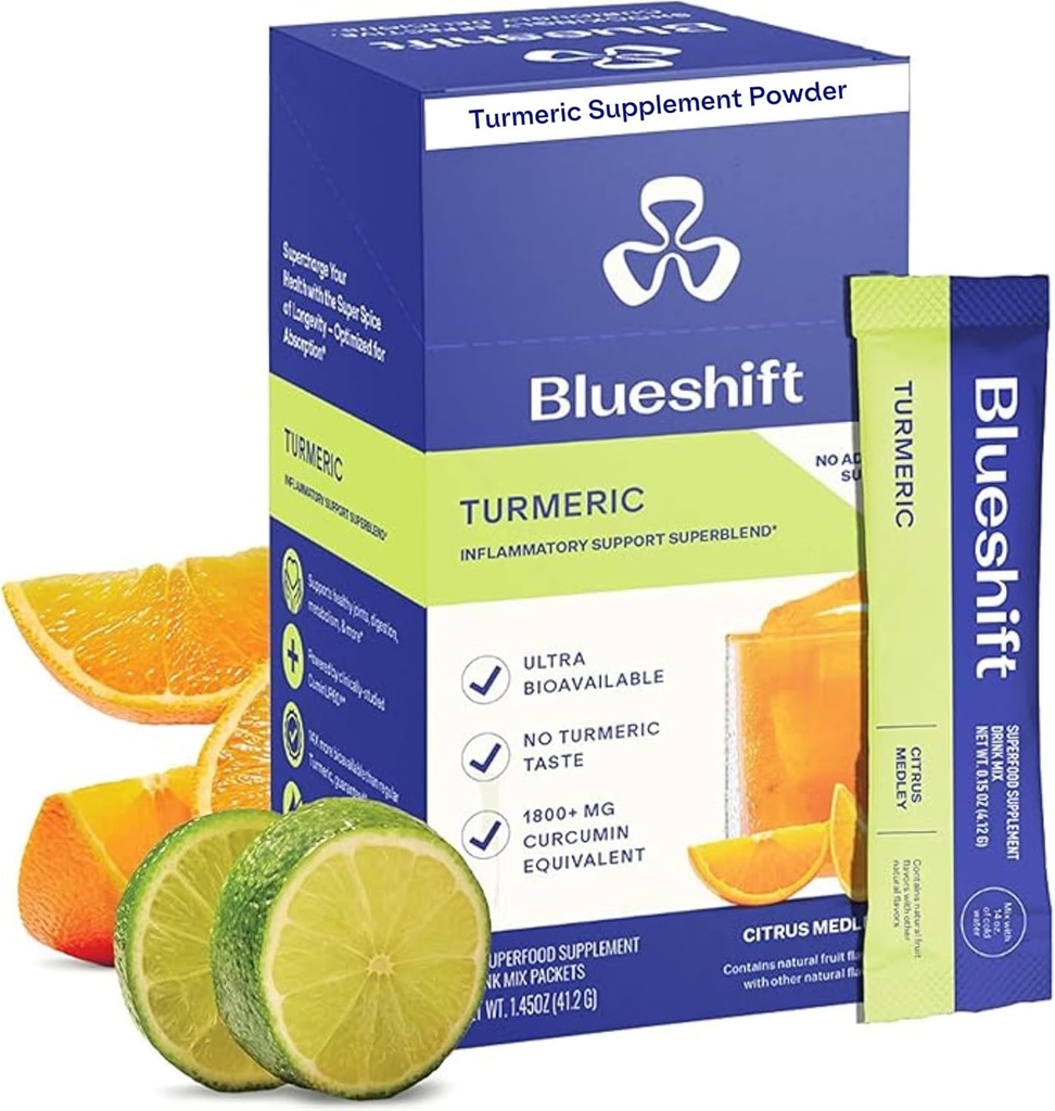 Blueshift Turmeric Citrus Medley - Kurkuma Poeder Paketten voor Water, Kurkuma Curcumin Supplement, Geen Suiker Drink Mix voor Natuurlijke Herstel Ondersteuning - Citrus smaak, Poeder Sticks (10 Pack)