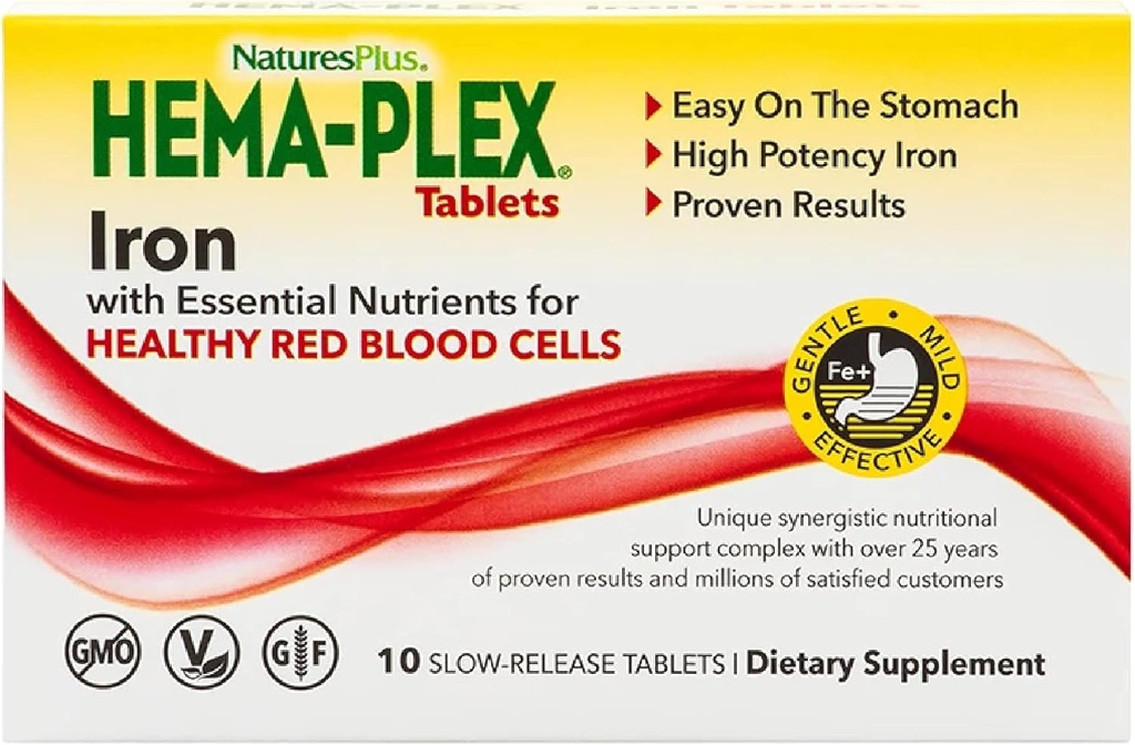 NaturesPlus Hema-Plex ijzer - 10 Slow-Release tabletten - 85 mg gecheleerd ijzer - totale bloedgezondheid - met vitamine C & Bioflavonoïden - Veganistisch, glutenvrij - 10 porties