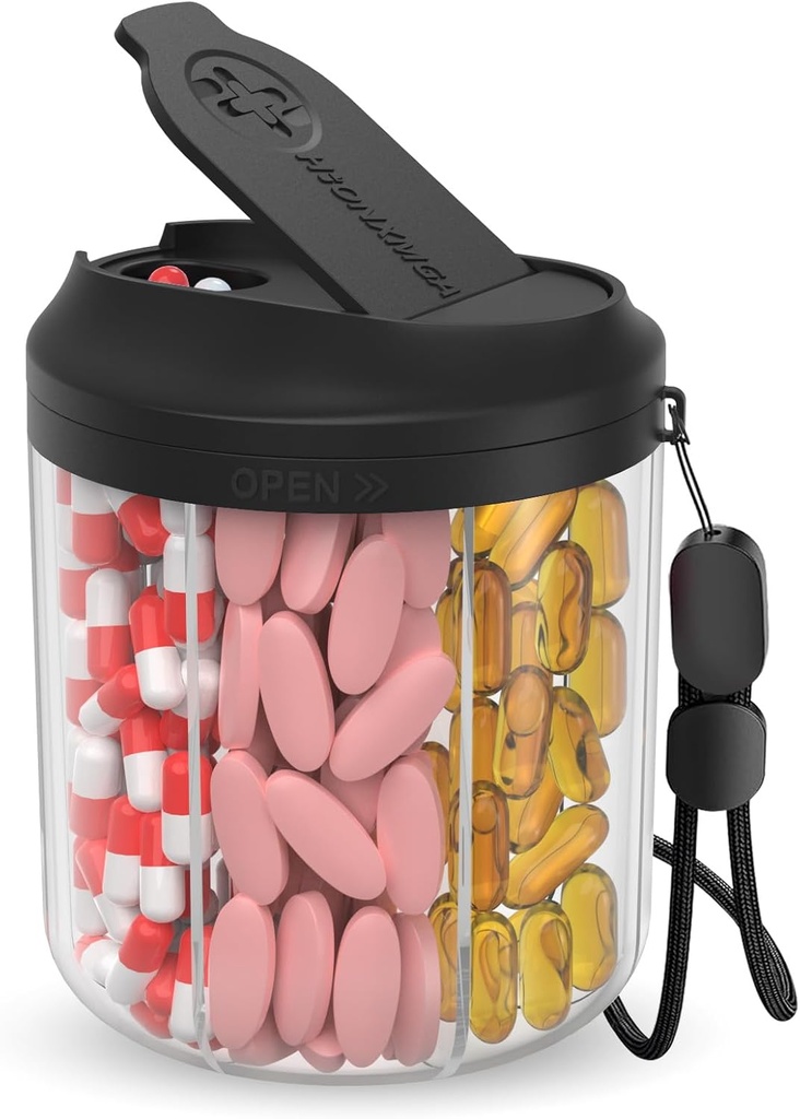 Pillendispenser met 7 grote afdelingen, Pillenfles Organizer 4.4" H x 3.6" Dia voor reizen, Supplement Organizer met Anti-Mixing Design, BPA-Free Pill Container met 20 stuks etiketten, Zwart
