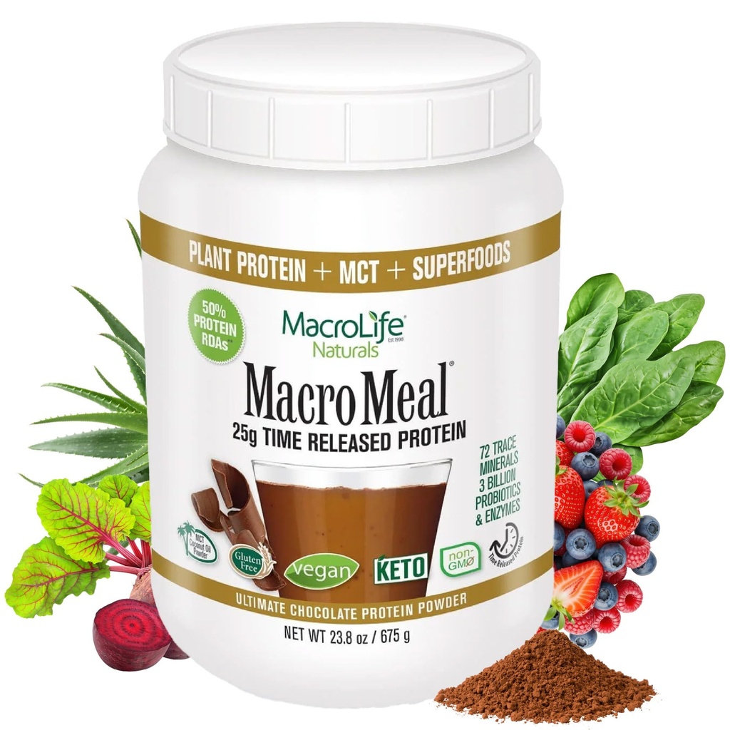MacroLife Naturals MacroMeal Vegan Chocolate Protein Powder Superfood Greens Probiotica + Vezel, Immuun Energie Digestieve Dagelijkse Essentials voor vrouwen & mannen Glutenvrije - 23.8oz (15 Servings) Chocolade