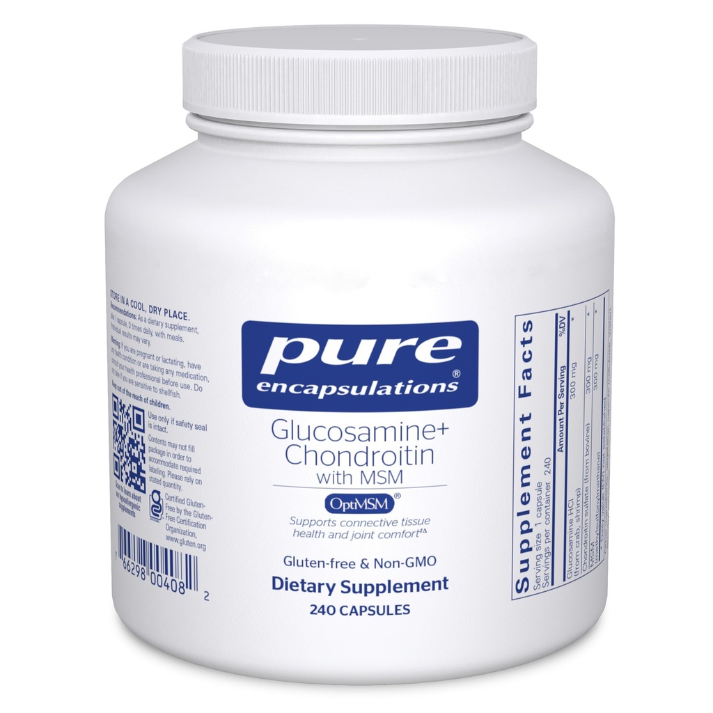 Encapsulations pures Glucosamine Chondroitine avec MSM - Soutient la formation de cartilage mixte et normale* - Maintient l'activité enzymatique - Sans gluten et sans OGM - 240 capsules