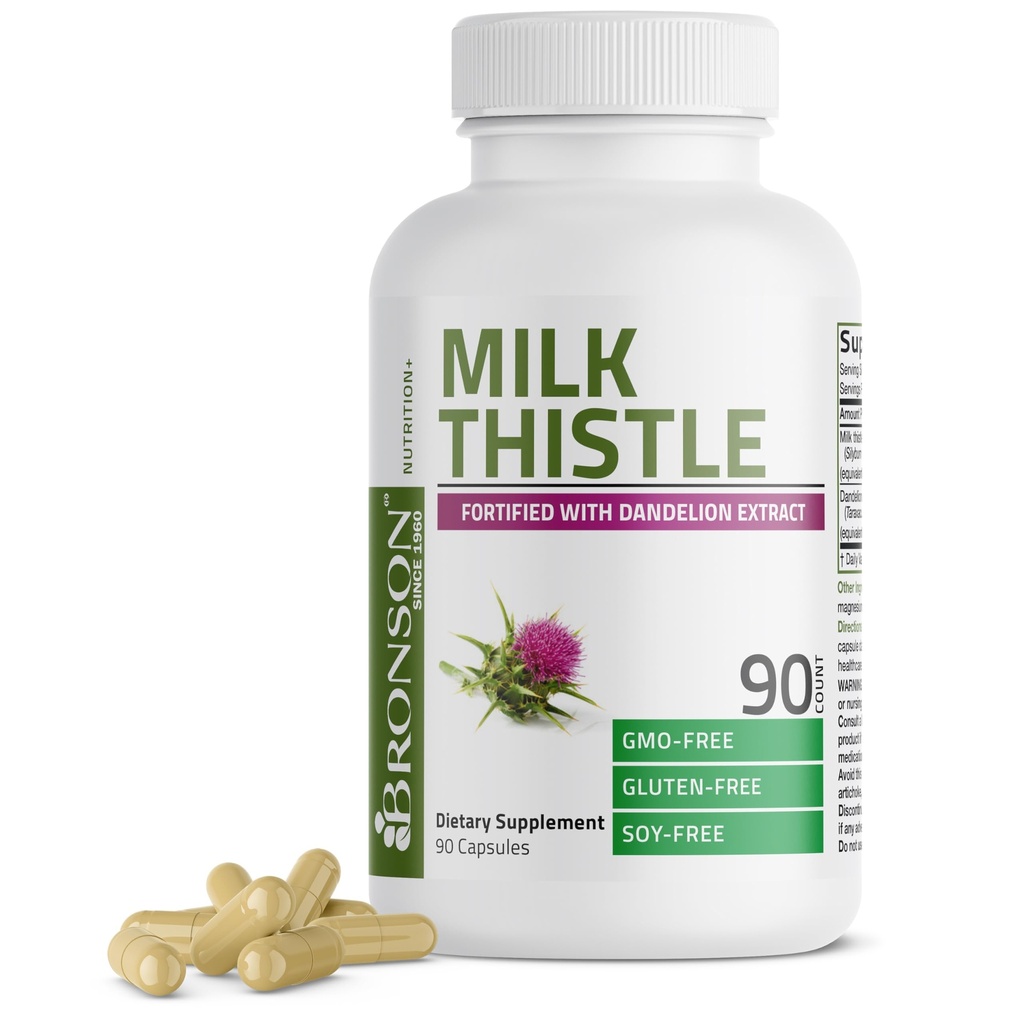 Bronson Milk Thistle Silymarin Marianum & Dandelion Extract Liver Health Support, Antioxidant Ondersteuning, Detox, 90 Capsules
