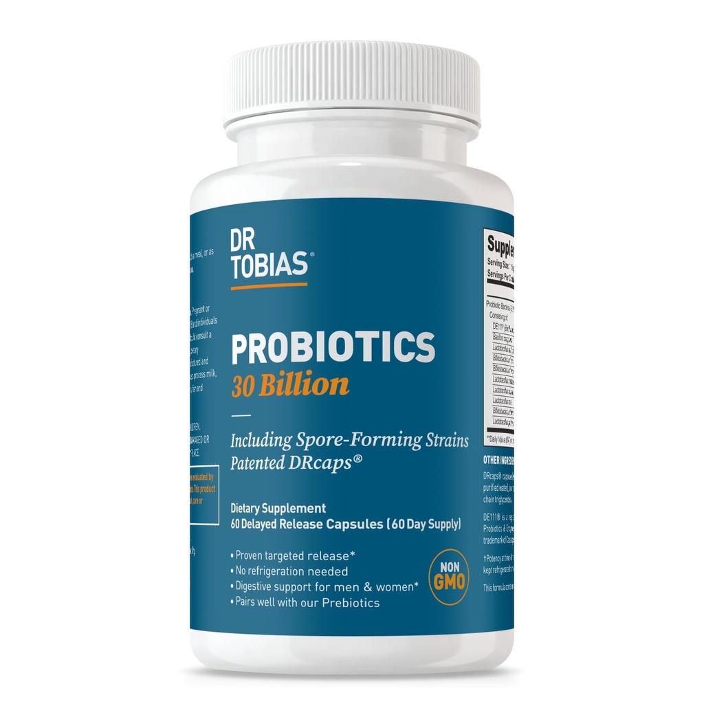 Dr Tobias Probiotics 30 milliards, 10 souches, 30 milliards de CFU, probiotiques ciblés pour les femmes et les hommes, soutient la santé digestive, plateau-stable, non-OGM, 60 capsules, 60 portions