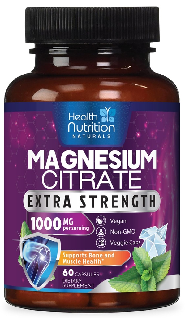 Magnesium Citrate Capsules 1000mg - Max Absorptie Magnesium Poeder voor Spier, Zenuw, Bot en Hart Gezondheid Ondersteuning, Hoge Absorptie Citrate Complex, Glutenvrij, Non-GMO - 60 Capsules