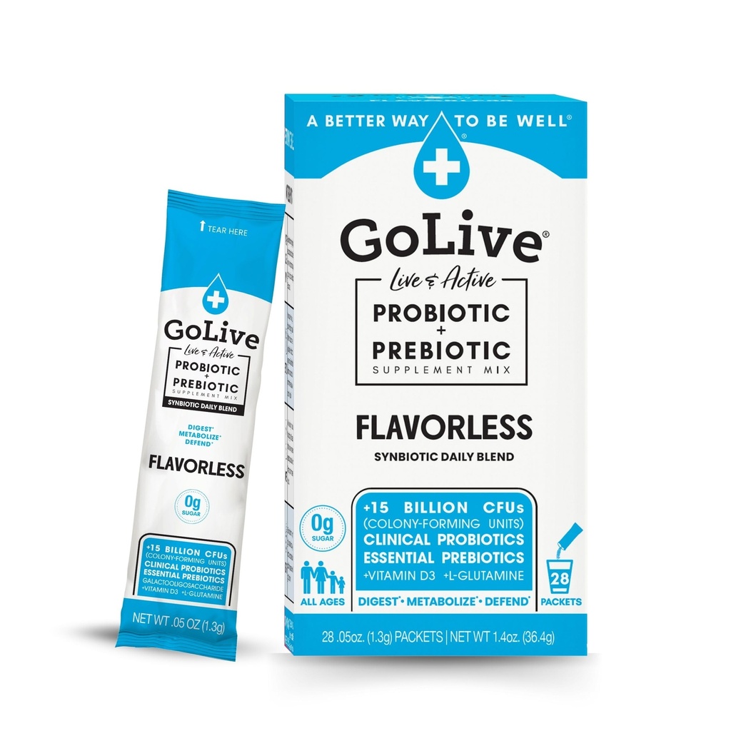 GoLive Prebiotic & Probiotic voor vrouwen, mannen, kinderen. Smaakvrij, Sugar-Free, Synbiotic Powder w/ GOS, L-Glutamine, Vitamine D3, Elektrolyten. Voor Gut Health, Digestie, Metabolisme, Immuniteit 15-50B CFUs.