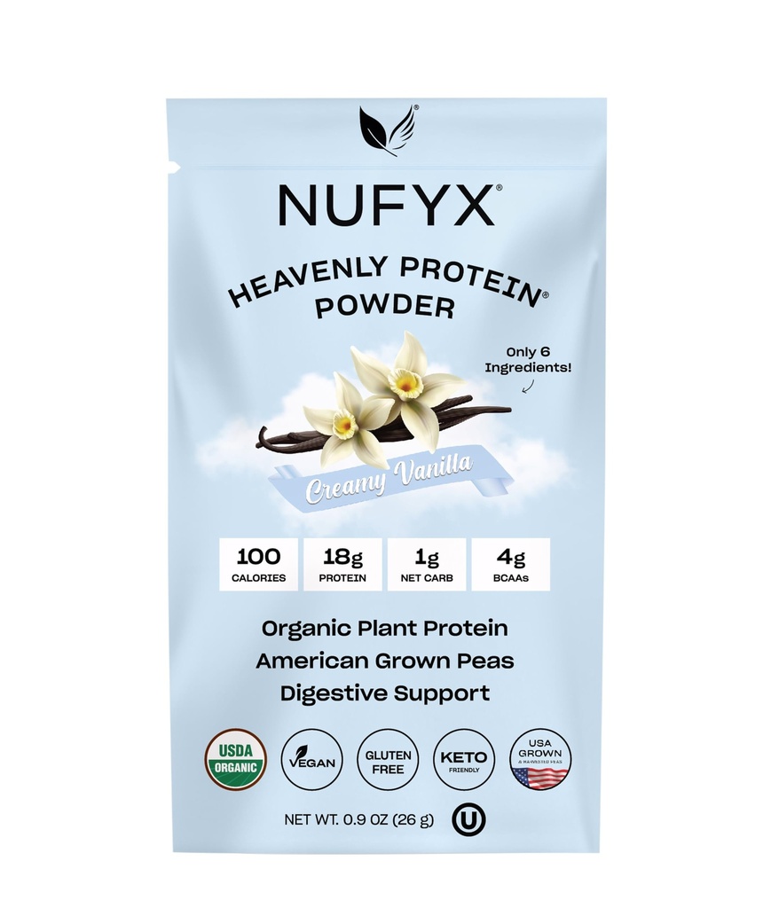 NUFYX® • Poudre Heavenly Protein® • Le monde est le plus fin des pois 100% bio américains cultivés • végétalien • sans gluten • faible teneur en glucides (Vanille crémeuse, paquet)