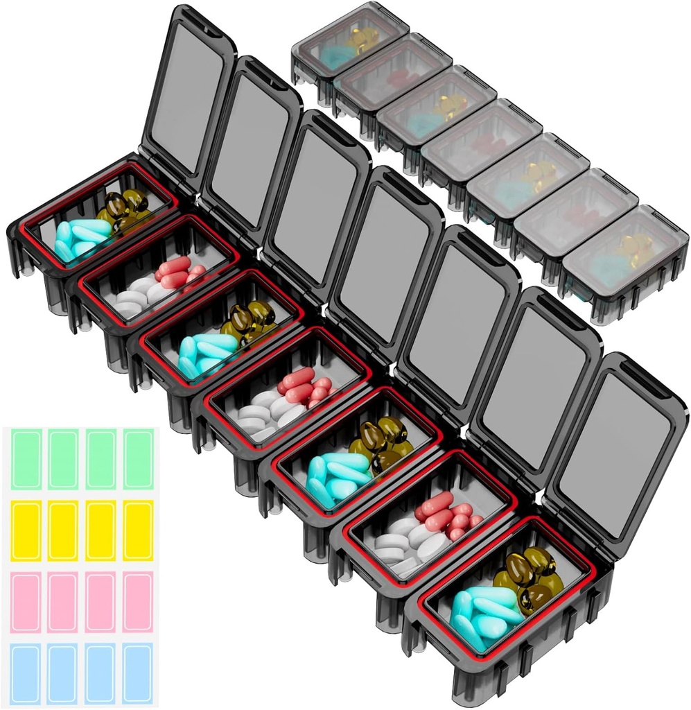 Organisateur hebdomadaire de pilules Restree, 7 compartiments Boîte à pilules portable une fois par jour, étui à pilules à l'humidité-proof, boîte de stockage de pilules pour la vitamine, la médecine, l'huile de poisson / suppléments (noir)