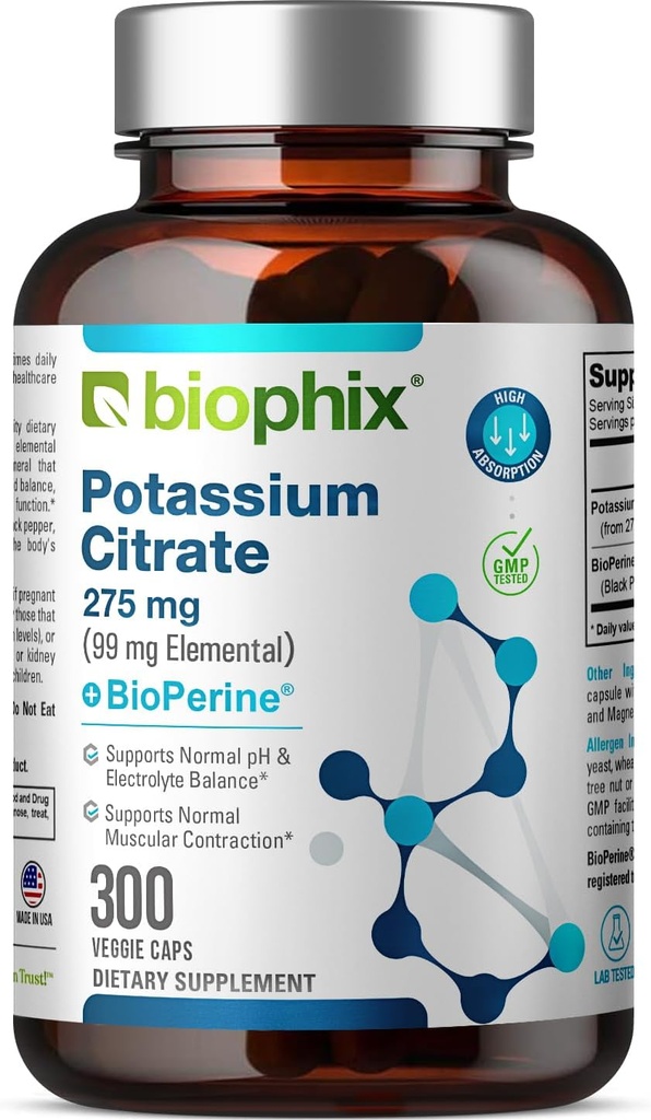 biophix Kalium citraat 275 mg met BioPerine 300 Veggie Capsules - Ondersteunt Electrolyte Balance, Zenuw., Spierfunctie en Hartgezondheid