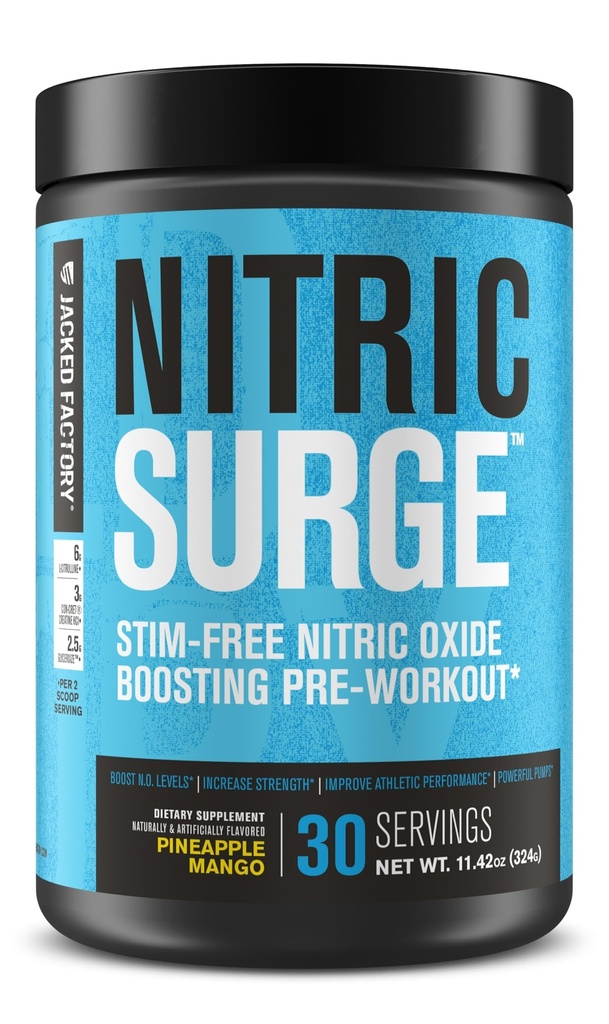 Ge Jacked Factory Nitric Surge Stim Free Pre Workout Powder - Cafeïnevrije Nitric Oxide Supplement w/Con-Cret Creatine, L Citrulline, & GlycerSize Glycer - Ananas Mango, 30 porties