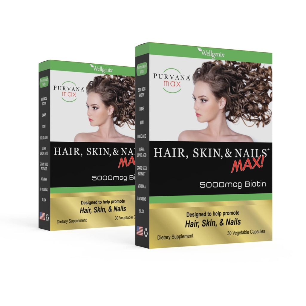 Purvana Max Hair, Skin, and Nails Vitamin - 5000mcg Biotine, Folic Acid, DMAE, Grape Seed Extract - One a Day Vegan Hair, Skin, Nails Ondersteuning - Promoot Collageen Productie - 30 Caps (Pack of 2)