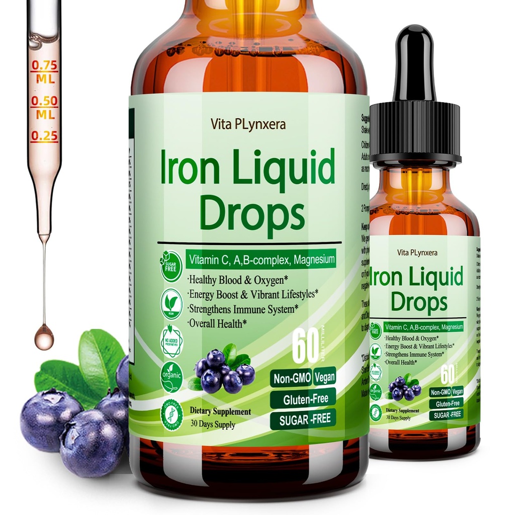 Liquid Iron Supplement voor vrouwen mannen & kinderen, Vegan Iron Drops met vitamine C D, B12, B-complex, hoge potentie vloeistof met multivitamine voor anemie, energiesteun, bloed, magnesium zacht