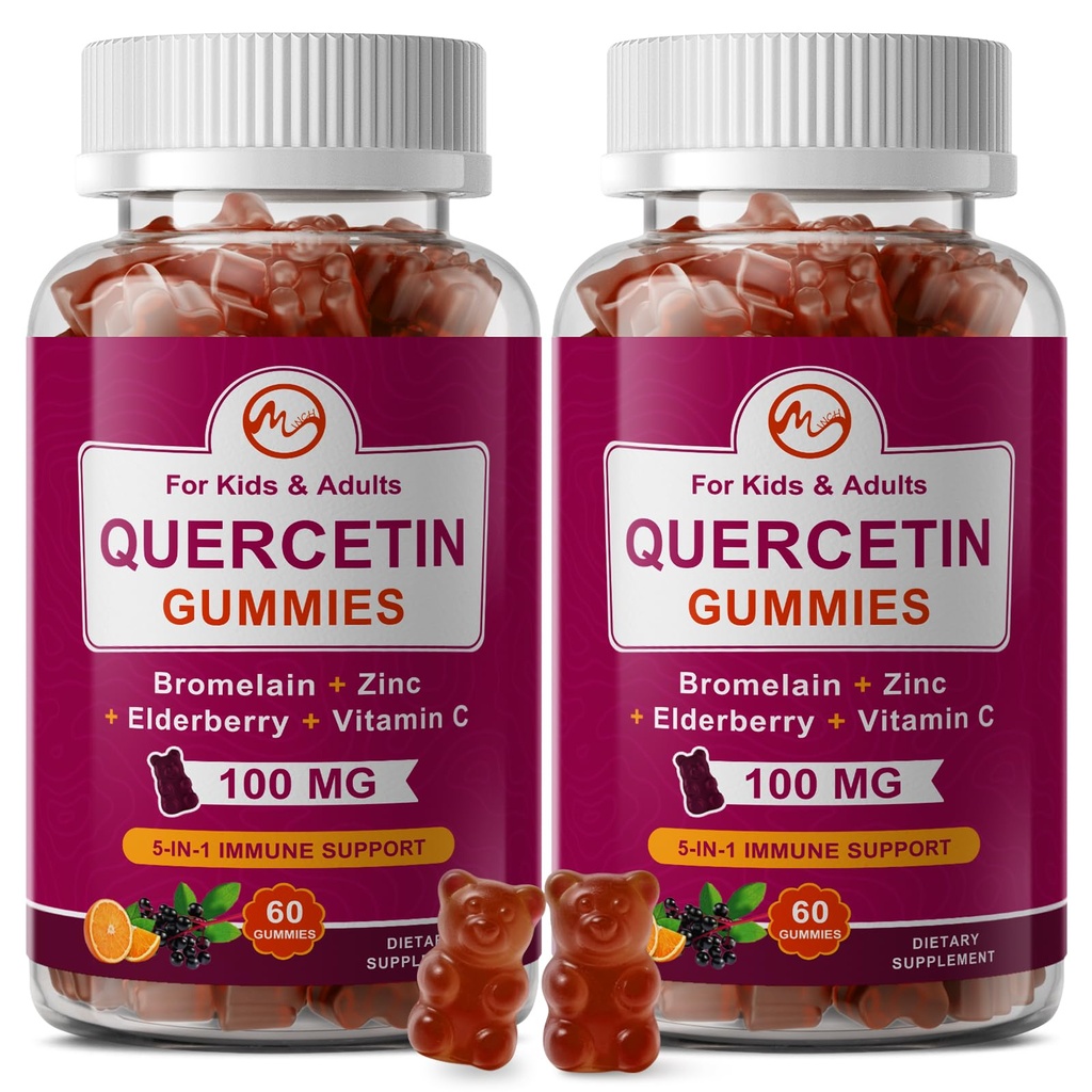 (2 Pack) Quercetine Gummies met bromelain, vlierbessen, zink en vitamine C - Kauwbare quercetin 700 mg supplement voor immuniteit, Allergie, Veroudering ondersteuning - Veganistische Gummies voor volwassenen & Kid