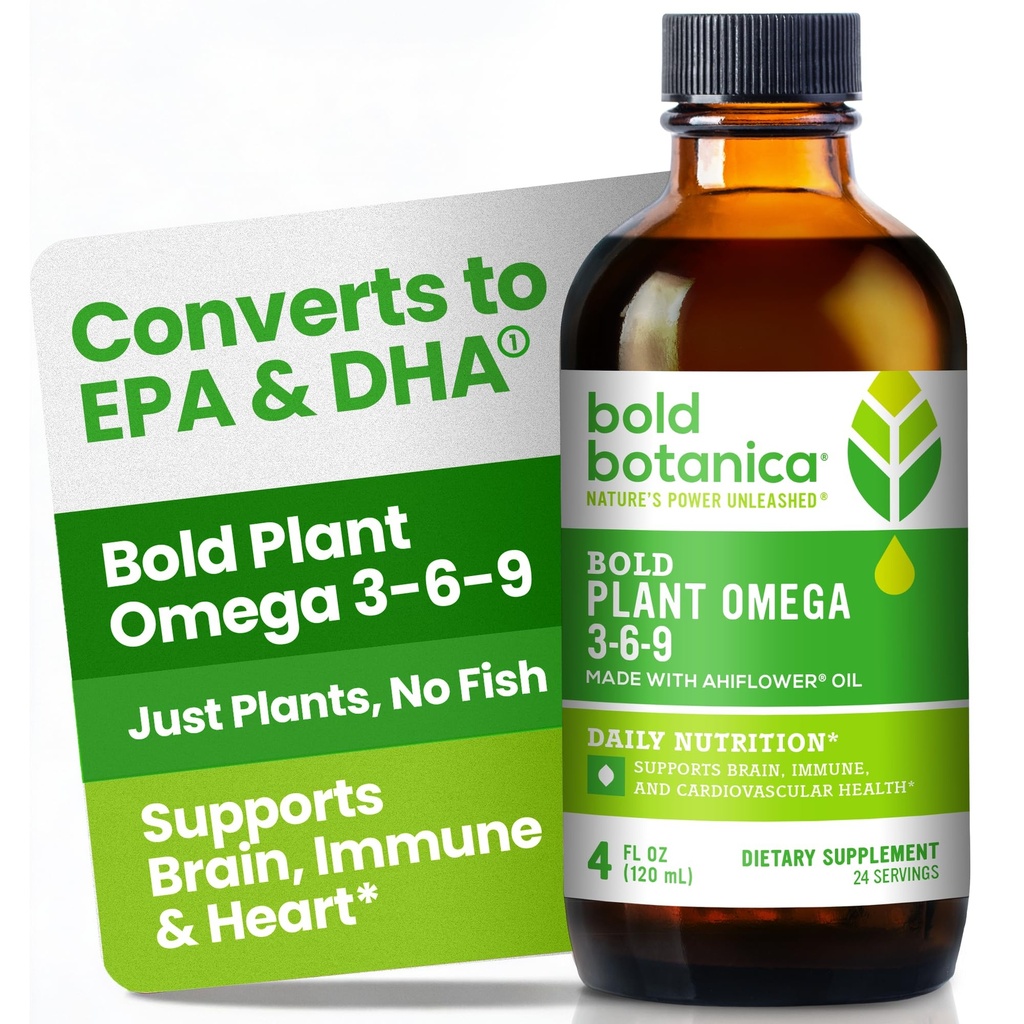 Bold Botanica Plant Omega 3-6-9, met Ahiflower Oil, Vegan Omega 3, Complete Plant-Based Omega's voor Hersenen & Immune Gezondheid, Beter dan Vlas, Visvrij, Grote Smaak, Suikervrij, Niet-GMO, Liquid-4 oz