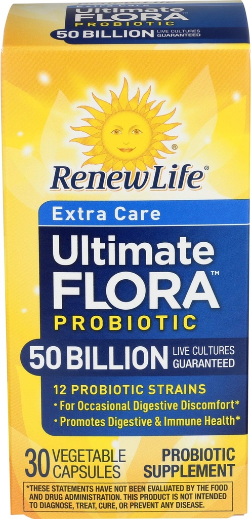 Renew Life Extra Care Digestief Probiotische Capsules, 50 miljard CFU Gegarandeerd, Dagelijks supplement Ondersteunt Immune, Digestief, Respiratoire Gezondheid(1), L. Rhamnosus GG, Dairy, Soy en Glutenvrije, 30 Tellen