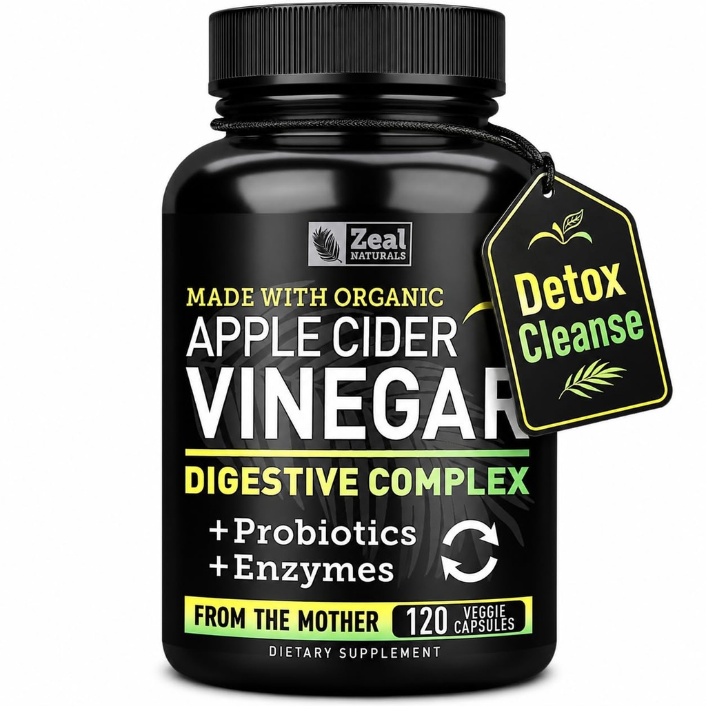 Capsules de vinaigre de cidre de pomme biologique + enzymes digestives et probiotiques (1500mg) 120 capsules) Pilules de vinaigre de cidre de pomme crue et supplément de fibre pour la santé de Gut, le soutien immunitaire, la digestion et la désintoxication