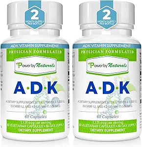 Power By Naturals ADK Vitamine Supplement: Vitamine A, Vitamine D3 5000 ie, en Vitamine K2 MK-7, Ondersteuning Bone Health Vitamine ADK Supplement, Pure Vitamine D3 K2 MK7 & A, Pack of 2 (60 Capsules Each)