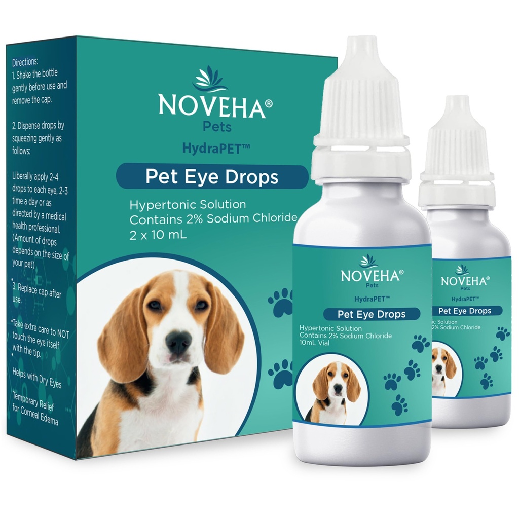 NOVEHA HydraPetTM Pink Eye Drops voor honden en katten en kunstmatige tranen met 2% natriumchloride, verlicht Corneal Edema & Pets Dry Eye Syndrome, geïrriteerde dierlijke ogen - 10ml (pakket van 2)