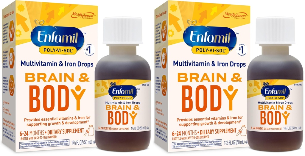 Enfamil Prenatals & Baby Vitamins Poly-Vi-Sol 8 Multi-Vitamins & Iron Supplement Drops voor zuigelingen en peuters, ondersteunt groei en ontwikkeling, 50 ml Dropper Bottle (pakket van 2)