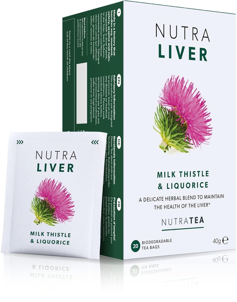 NUTRALIVER - Thé détox pour le nettoyage et le soutien du foie - avec le chardon, le curcuma et le fenouil - 20 sachets de thé - Thé à base de plantes de Nutra Tea