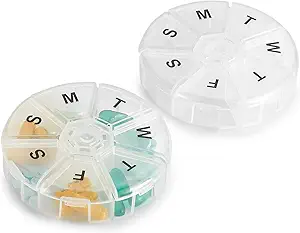 Organisateur hebdomadaire de pilules - (paquet de 2) contenant de pilules de 7 jours, boîte ronde d'organisateur de médicaments, rappel quotidien de pilules cas de voyage amical, vitamine sans BPA, supplément, huile de poisson, planificateur de médicaments