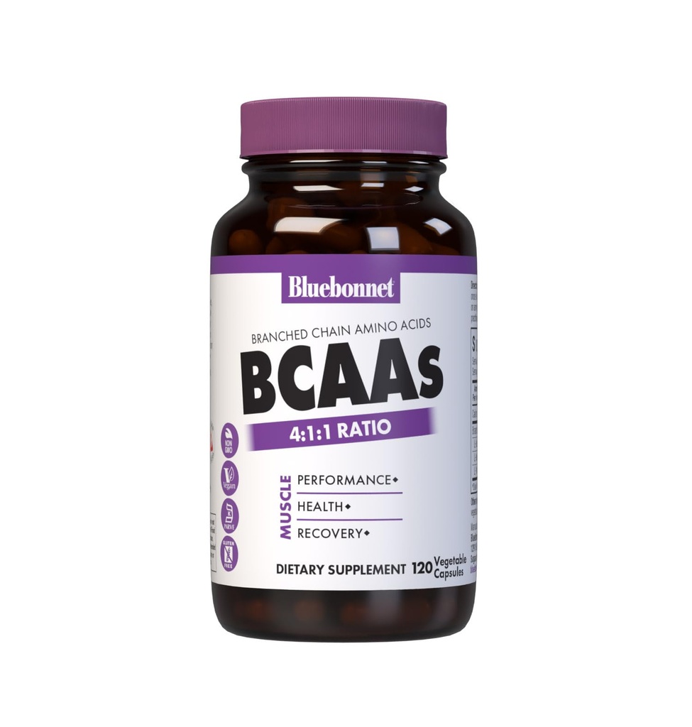 Bluebonnet Nutrition BCAA's 4:1:1 Ratio, Muscle Performance*, Muscle Health*, Muscle Repair*, Non-GMO, Vegan, Kosher Certified, Gluten-Free, Soy-Free, Dairy-Free, 120 plantaardige capsules, 30 porties