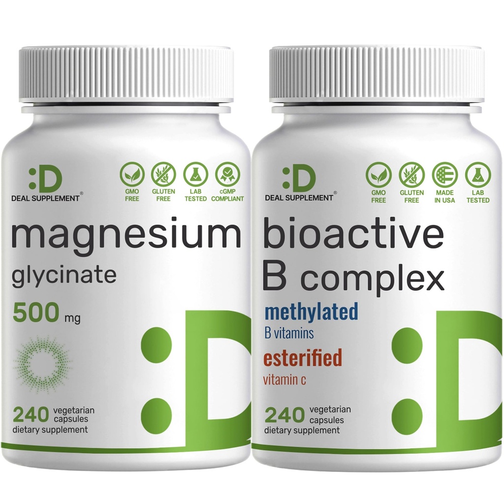 Magnesium Glycinate 500mg Veggie Capsules & Bioactive Vitamine B Complex Bundle Pack 