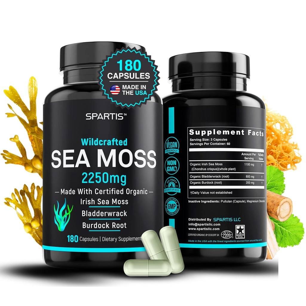Gecertificeerd Biologische Sea Moss Capsules 2250mg Wildcrafted Irish Sea Moss Burdock Root Bladderwrack Supplement Raw Seamoss Pillen & Powder (Pack van 1 bij 180-Caps)