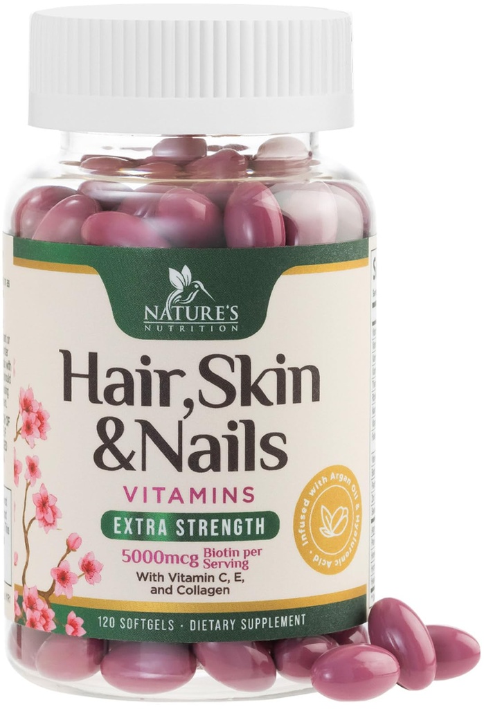 Haar, huid en nagels Vitaminen voor vrouwen - Biotin 5000mcg ter ondersteuning van haargroei met arganolie, collageen en hyaluronzuur, mooie, sterkere huid, haar en nagels vitaminesupplement - 120 Softgels