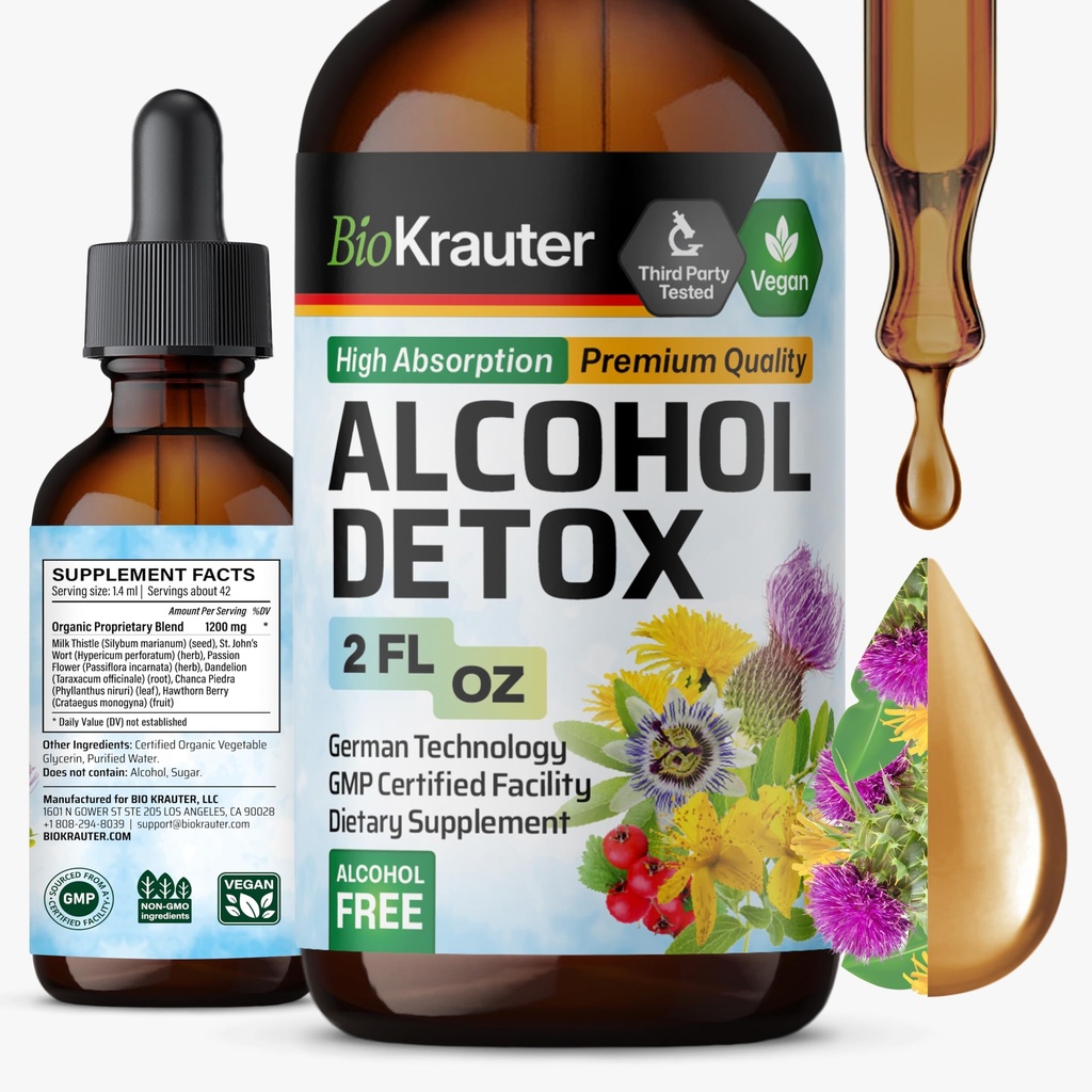 BIO KRAUTER Alcohol Detox Tinctuur - Leverreiniging & detox Formula - Melkdistel & Dandelion - Leverondersteuning Liquid Extract - Alcohol en Suikervrij - Veganistische druppels 2 Fl.Oz.